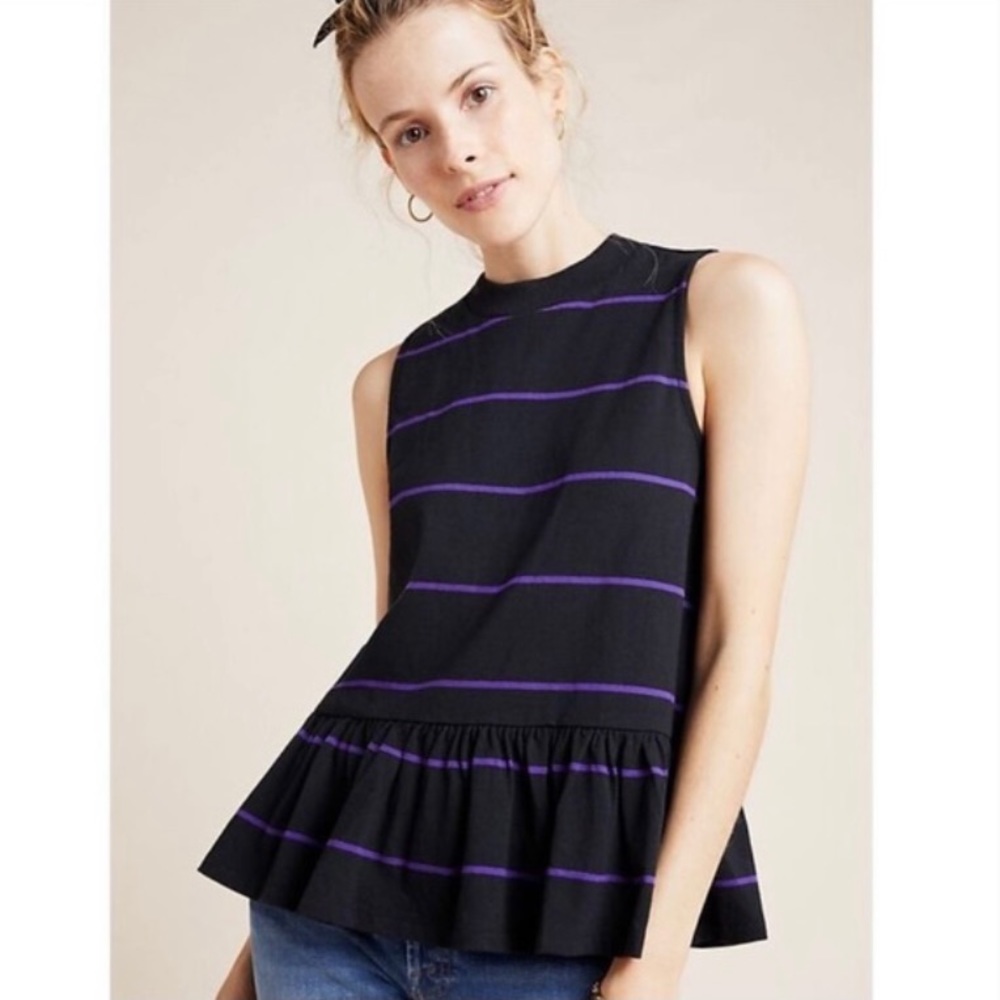 NWT Anthro Hildi Striped Peplum Top Black Purple